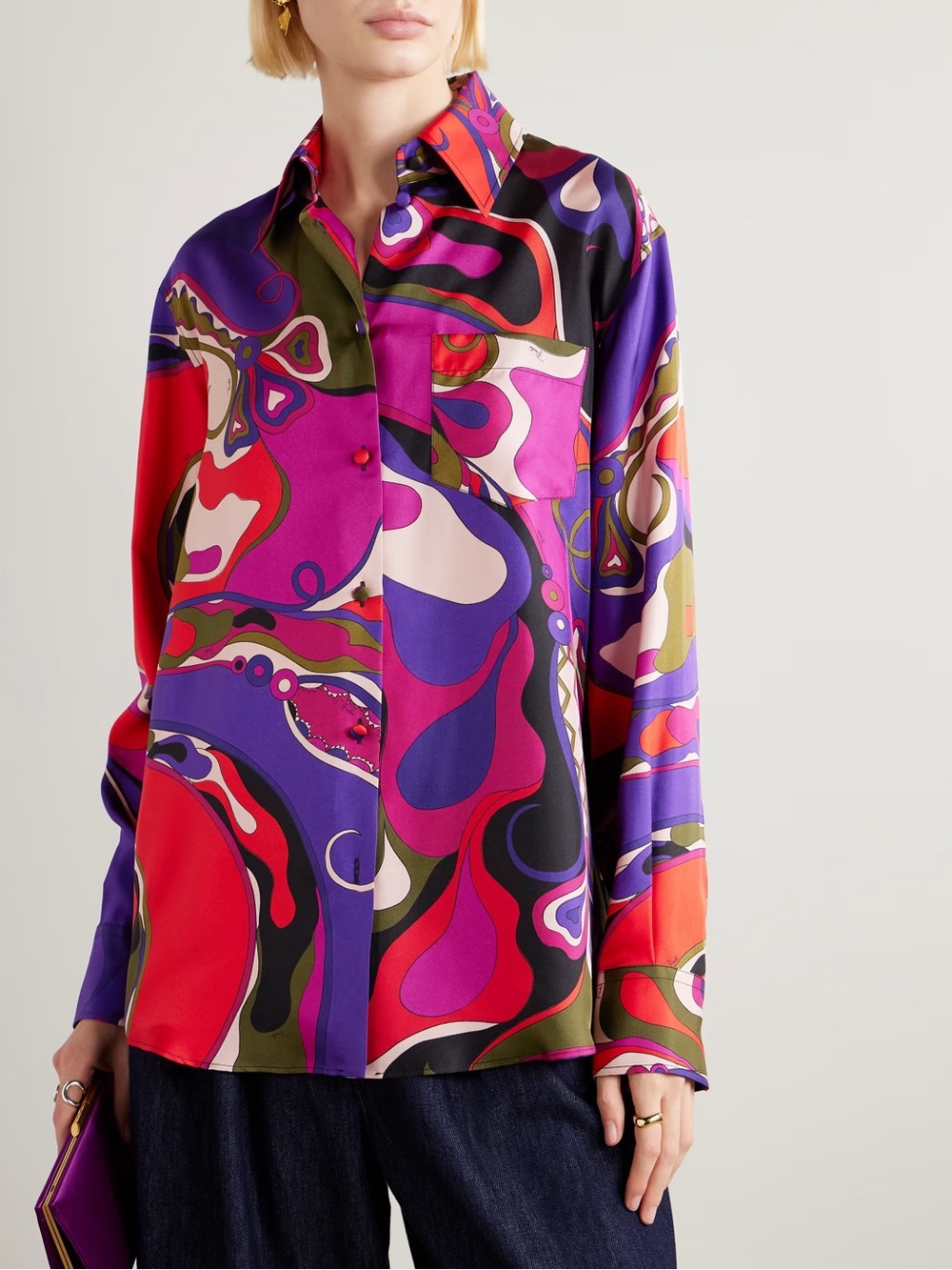 Emilio Pucci Purple Fuchsia Red Abstract-Print Silk Button-Down Shirt